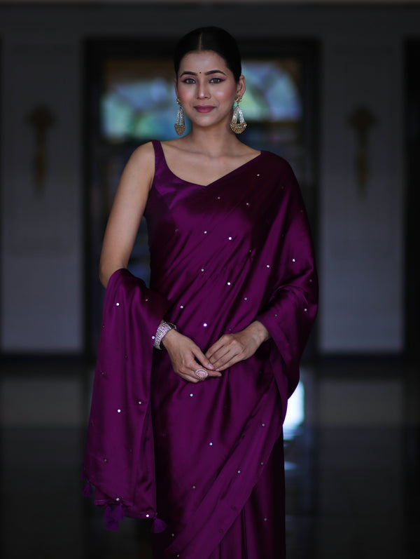 Banarasee Handloom Satin Hand Dyed Saree With Mirror Work-Violet