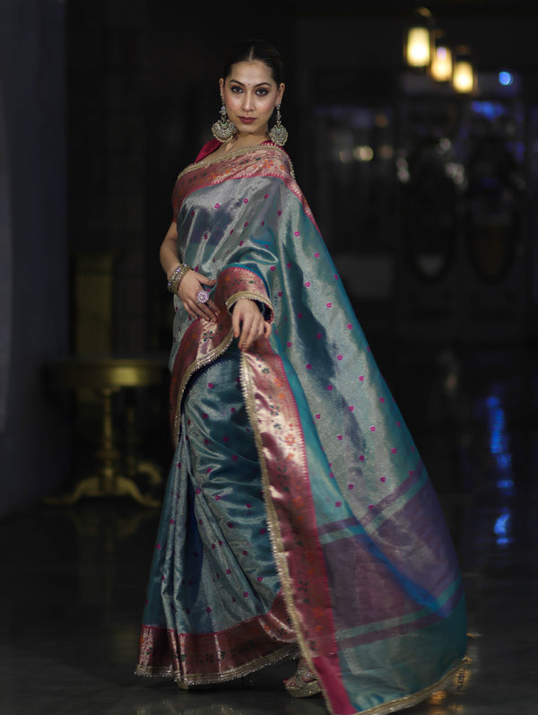 Banarasee Handloom Tissue Saree With Buti Design Contrast Border & Lace-Mint Blue