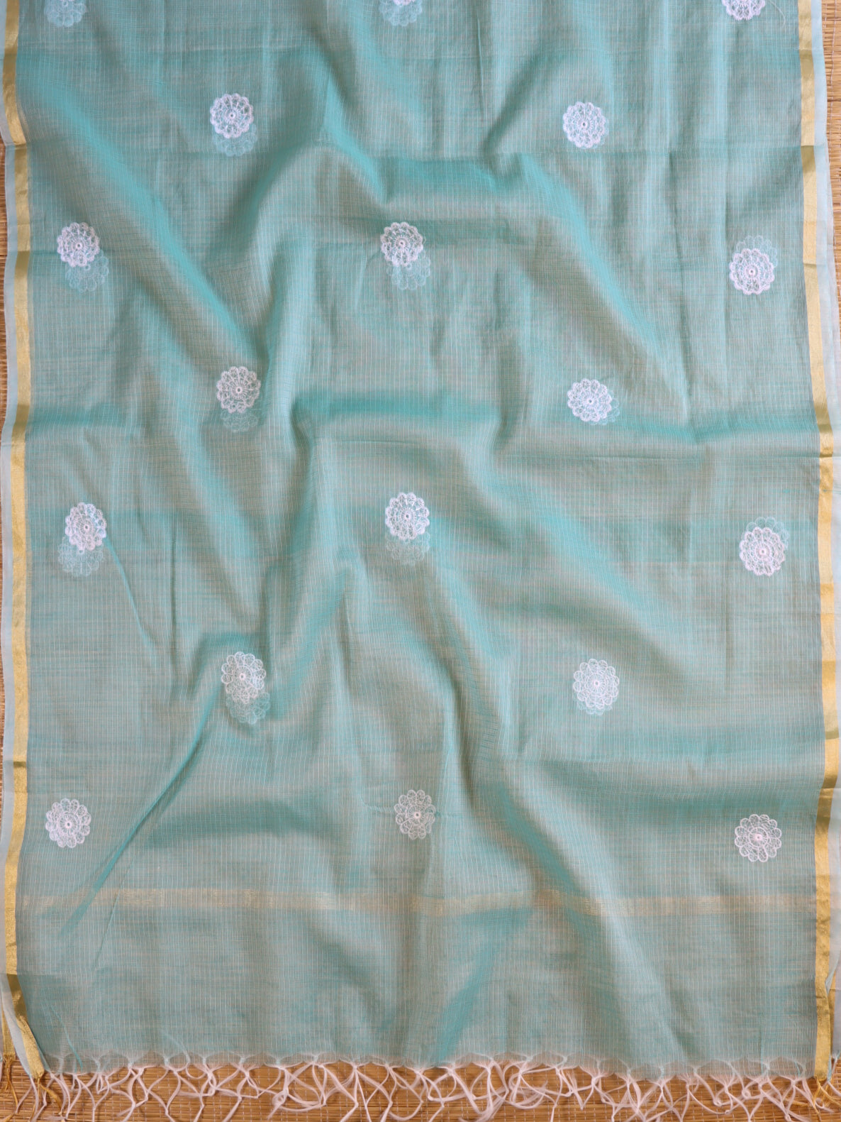 Banarasee Kota Doria Hand-Embroidered Salwar Kameez With Dupatta Set-Green