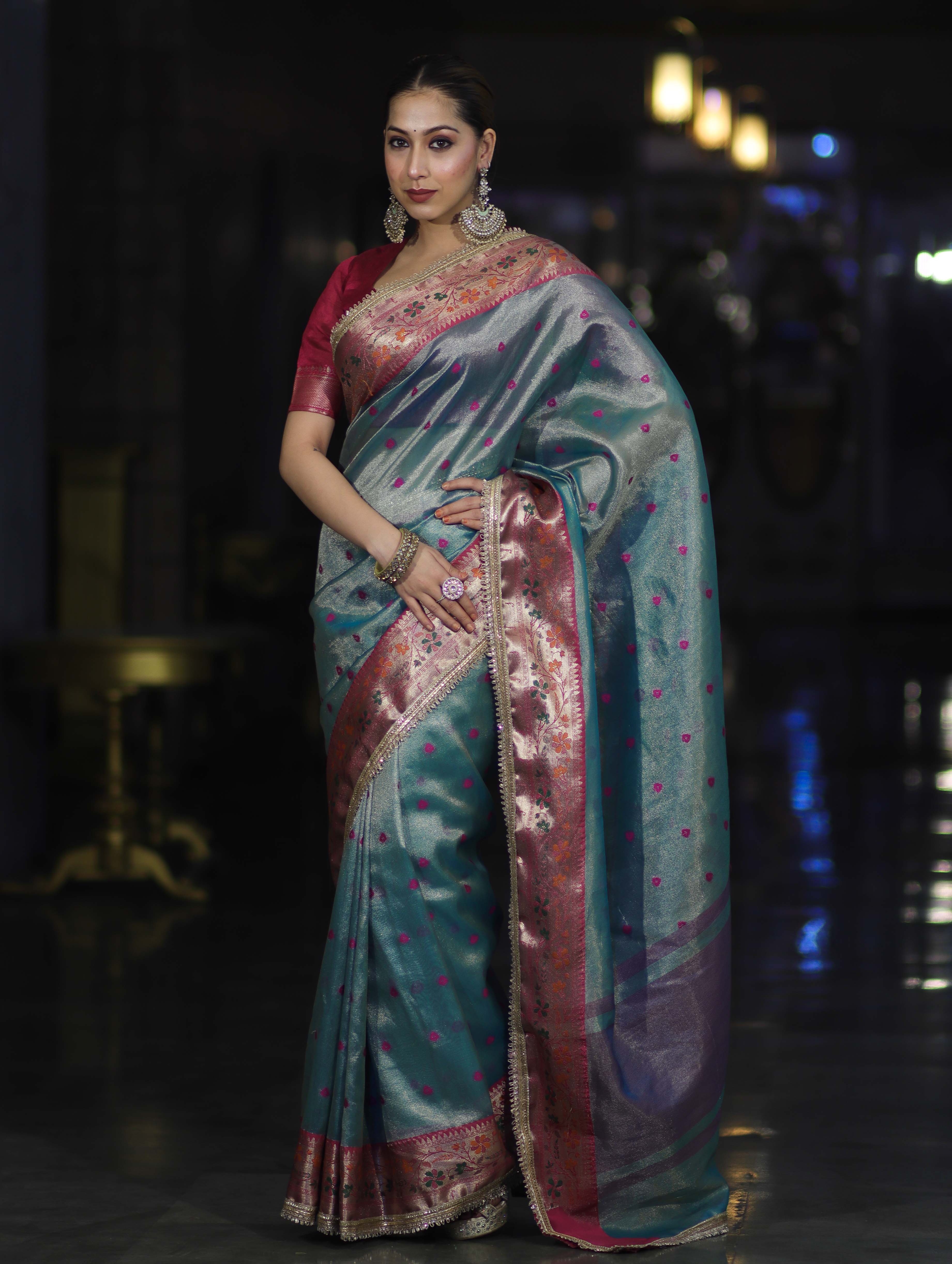 Banarasee Handloom Tissue Saree With Buti Design Contrast Border & Lace-Mint Blue