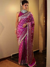Banarasee Semi Katan Saree With Silver Zari Design Floral Border & Lace-Magenta
