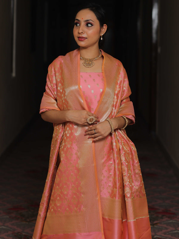 Banarasee Salwar Kameez Semi Katan Silk Fabric With Zari Work-Pink