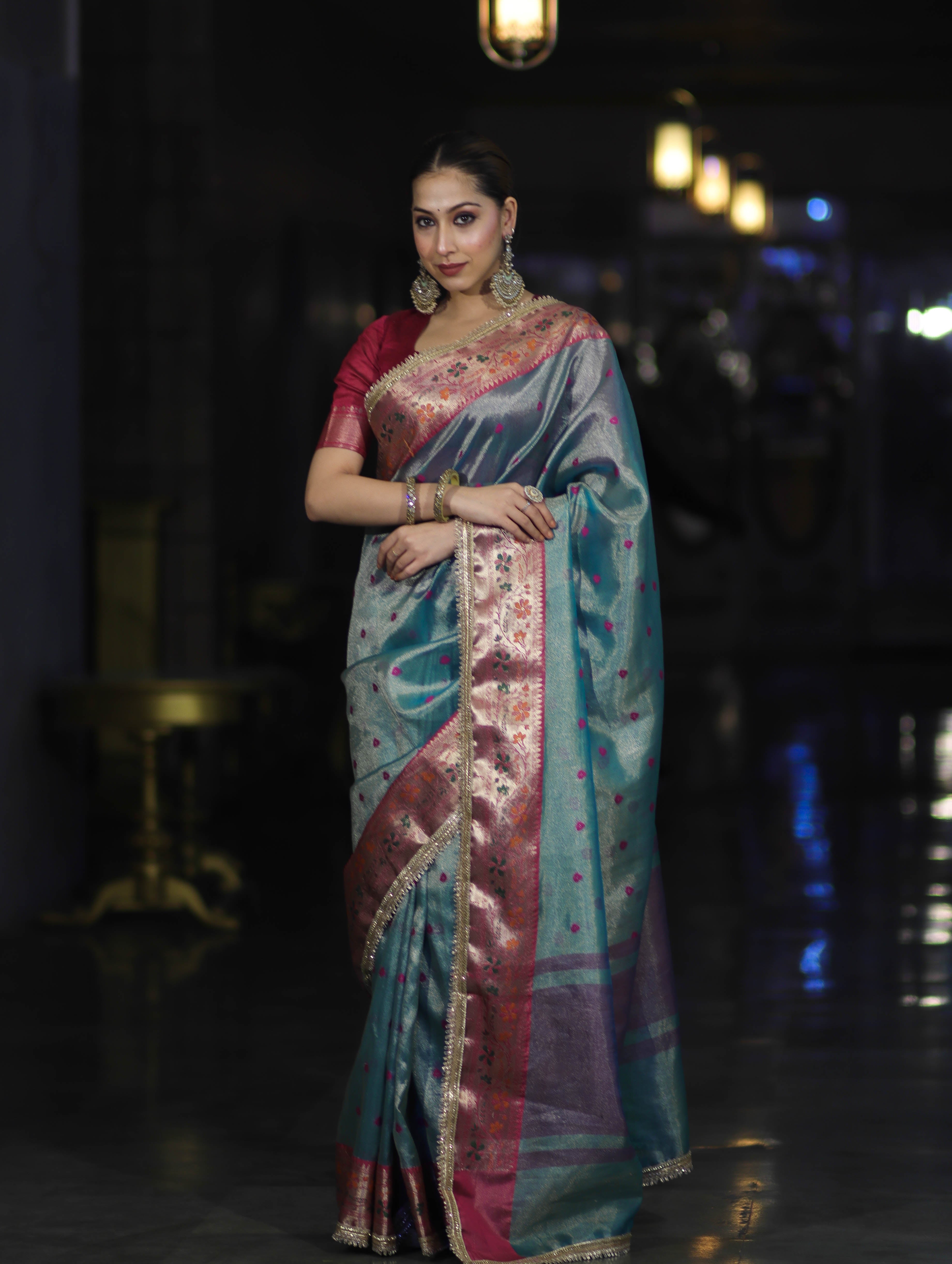 Banarasee Handloom Tissue Saree With Buti Design Contrast Border & Lace-Mint Blue