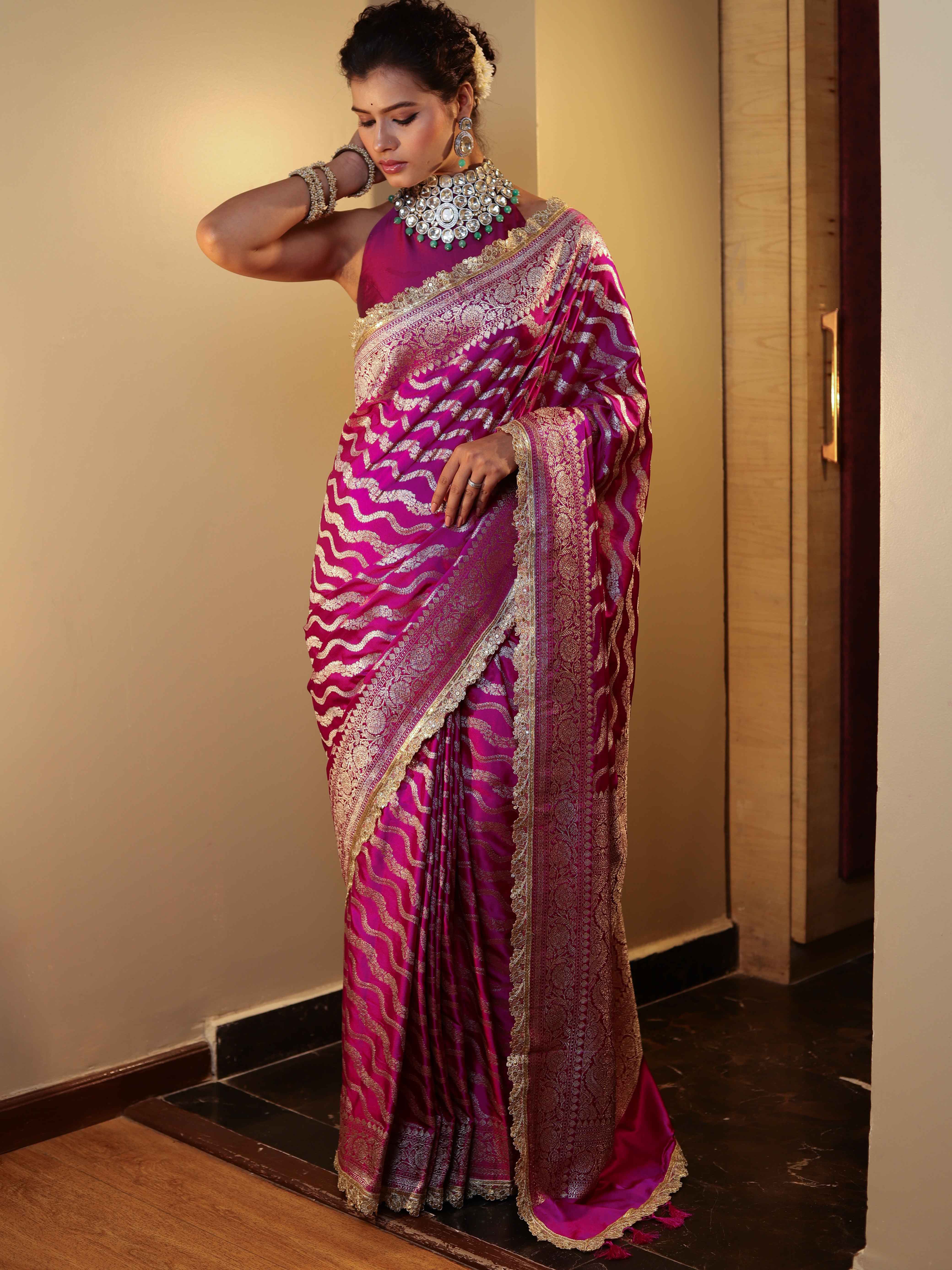 Banarasee Semi Katan Saree With Silver Zari Design Floral Border & Lace-Magenta