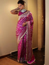 Banarasee Semi Katan Saree With Silver Zari Design Floral Border & Lace-Magenta