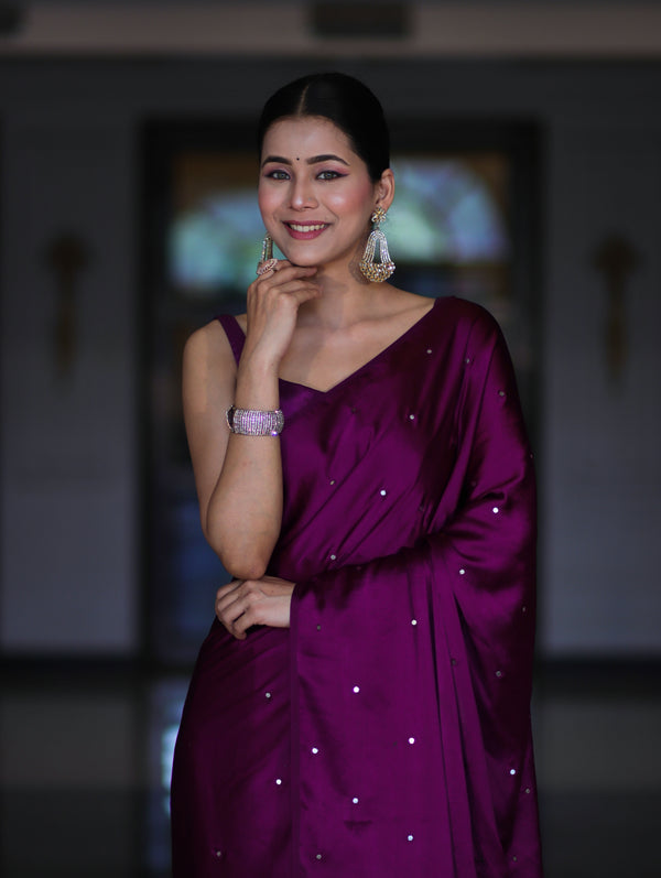 Banarasee Handloom Satin Hand Dyed Saree With Mirror Work-Violet