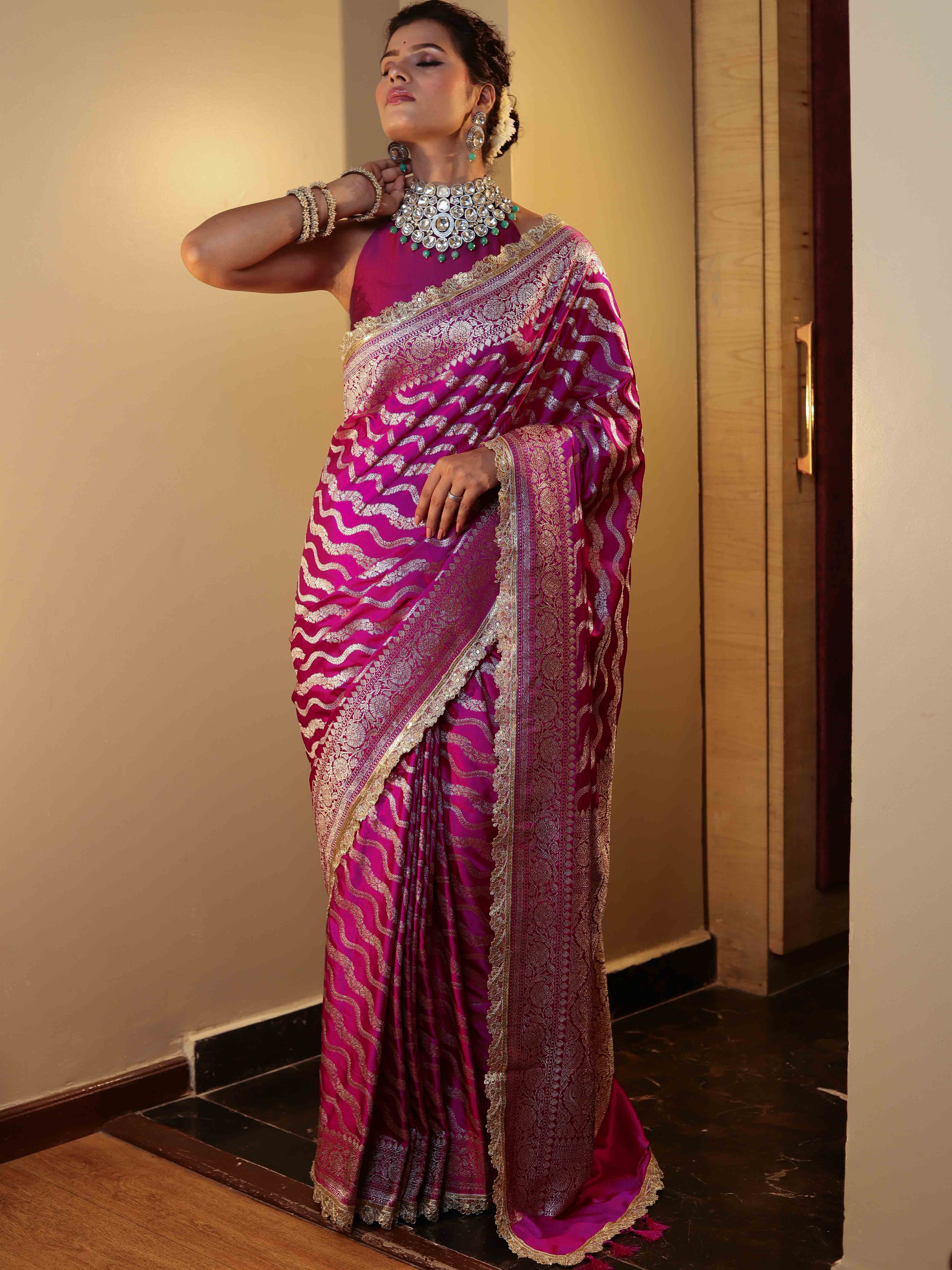 Banarasee Semi Katan Saree With Silver Zari Design Floral Border & Lace-Magenta