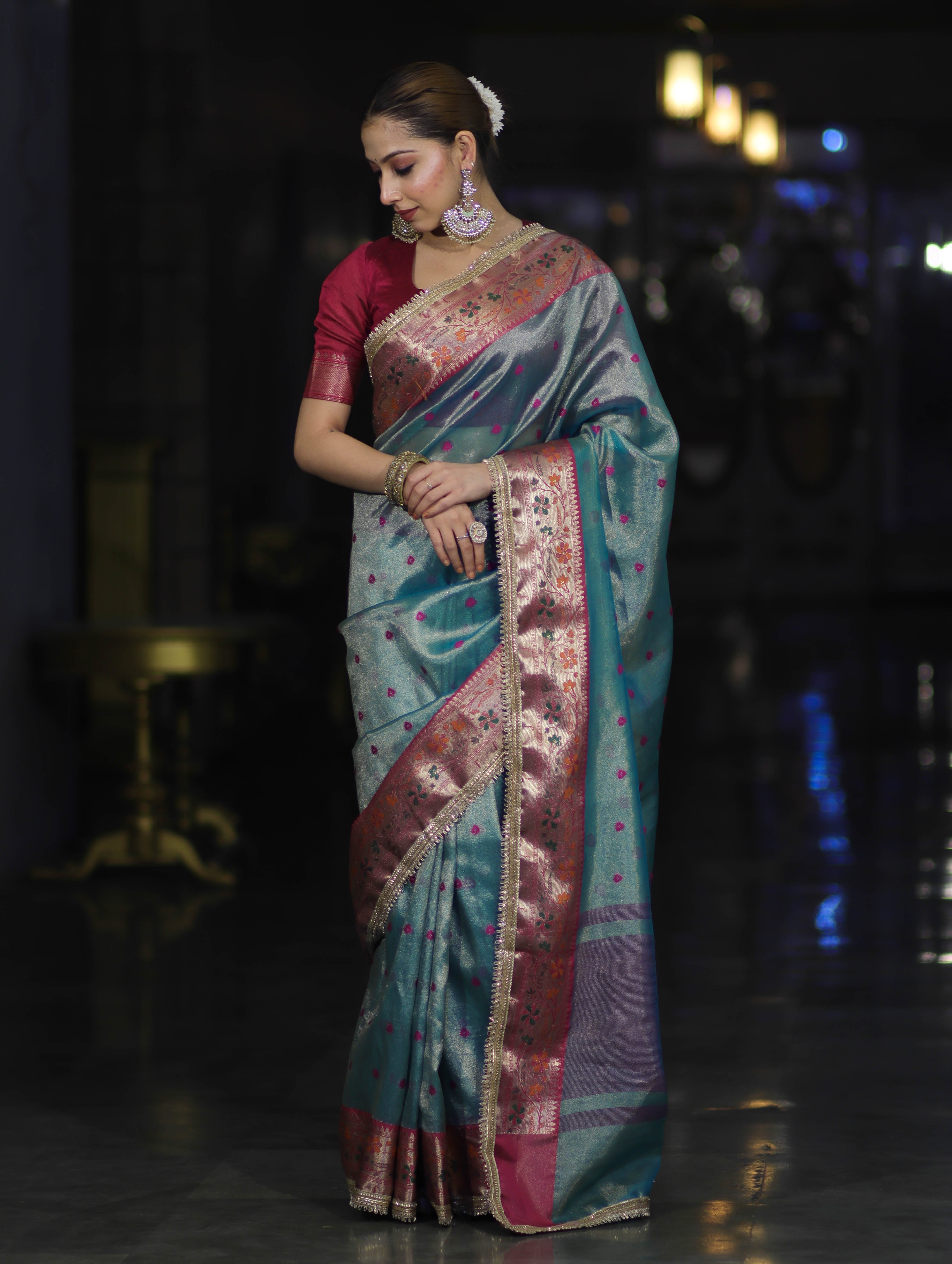 Banarasee Handloom Tissue Saree With Buti Design Contrast Border & Lace-Mint Blue