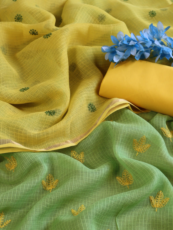 Banarasee Kota Doria Hand-Embroidered Salwar Kameez With Contrast Dupatta Set-Green & Yellow