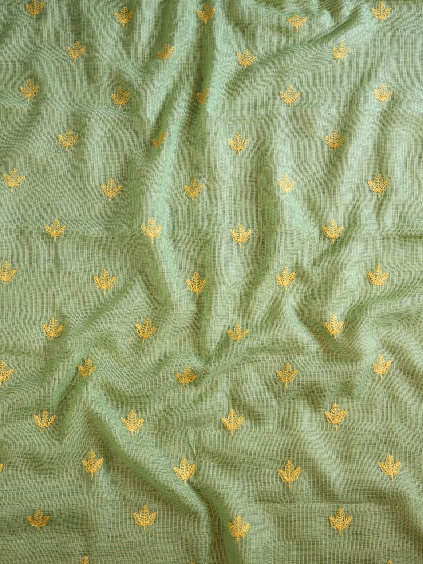 Banarasee Kota Doria Hand-Embroidered Salwar Kameez With Contrast Dupatta Set-Green & Yellow