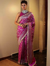 Banarasee Semi Katan Saree With Silver Zari Design Floral Border & Lace-Magenta