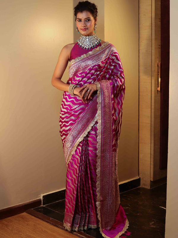 Banarasee Semi Katan Saree With Silver Zari Design Floral Border & Lace-Magenta