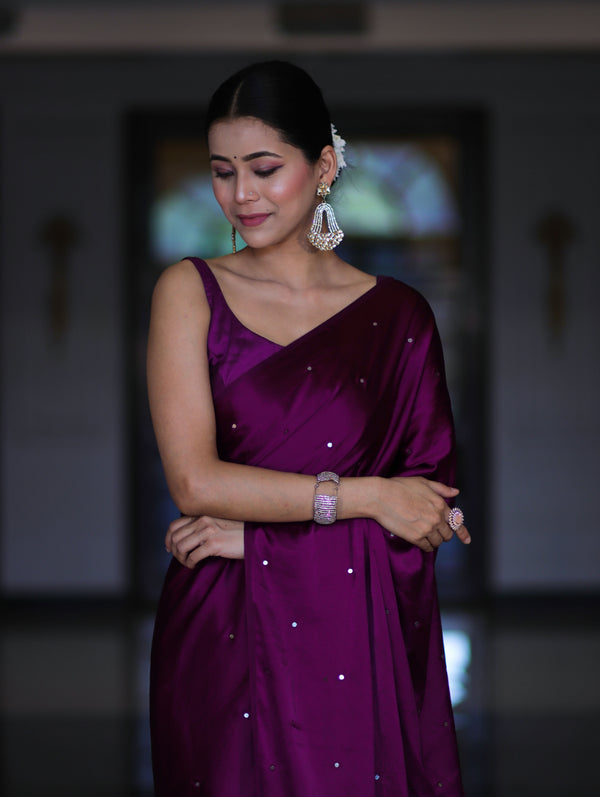 Banarasee Handloom Satin Hand Dyed Saree With Mirror Work-Violet