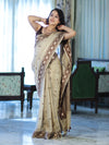 Banarasee Handwoven Semi-Tussar Saree With Resham Work & Geometric Border-Beige & Brown