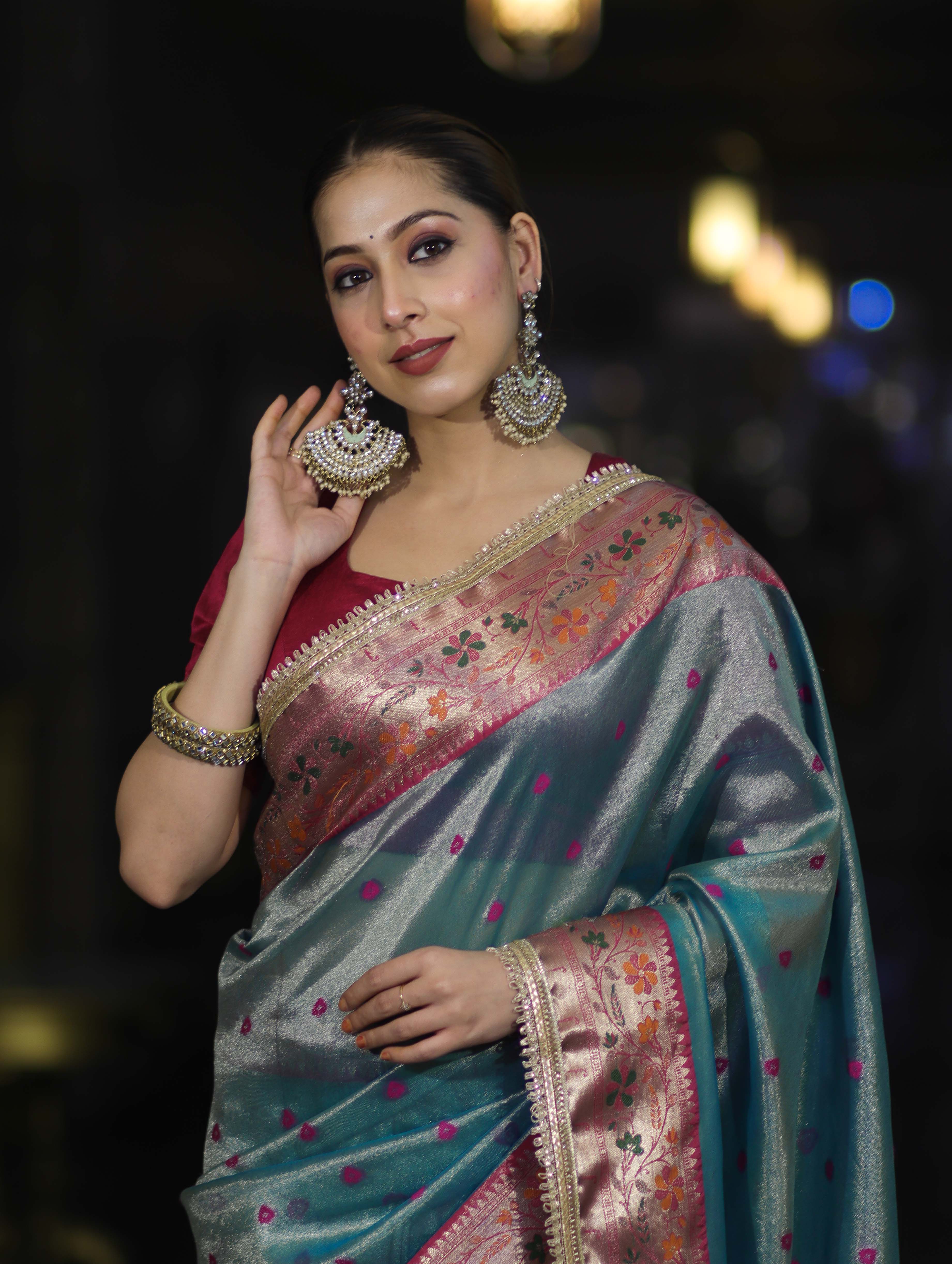 Banarasee Handloom Tissue Saree With Buti Design Contrast Border & Lace-Mint Blue