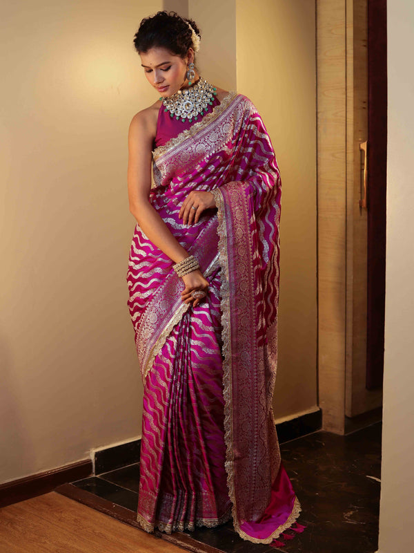 Banarasee Semi Katan Saree With Silver Zari Design Floral Border & Lace-Magenta