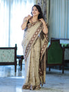 Banarasee Handwoven Semi-Tussar Saree With Resham Work & Geometric Border-Beige & Brown