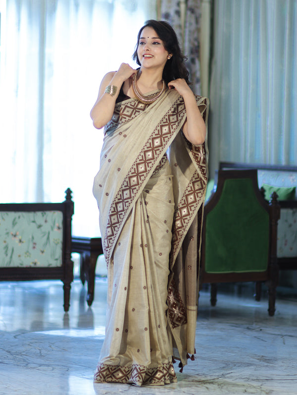 Banarasee Handwoven Semi-Tussar Saree With Resham Work & Geometric Border-Beige & Brown