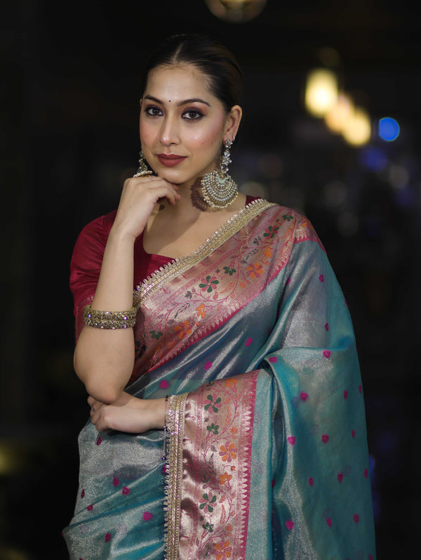 Banarasee Handloom Tissue Saree With Buti Design Contrast Border & Lace-Mint Blue