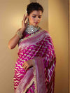 Banarasee Semi Katan Saree With Silver Zari Design Floral Border & Lace-Magenta