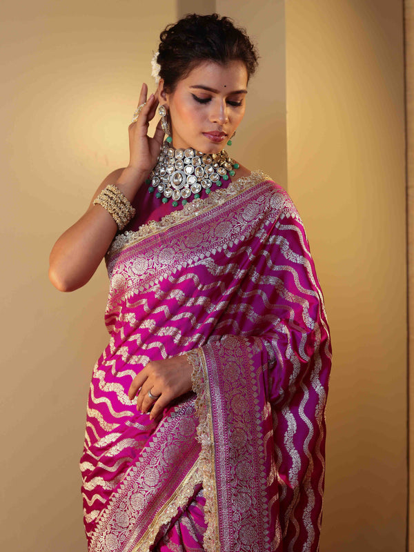 Banarasee Semi Katan Saree With Silver Zari Design Floral Border & Lace-Magenta