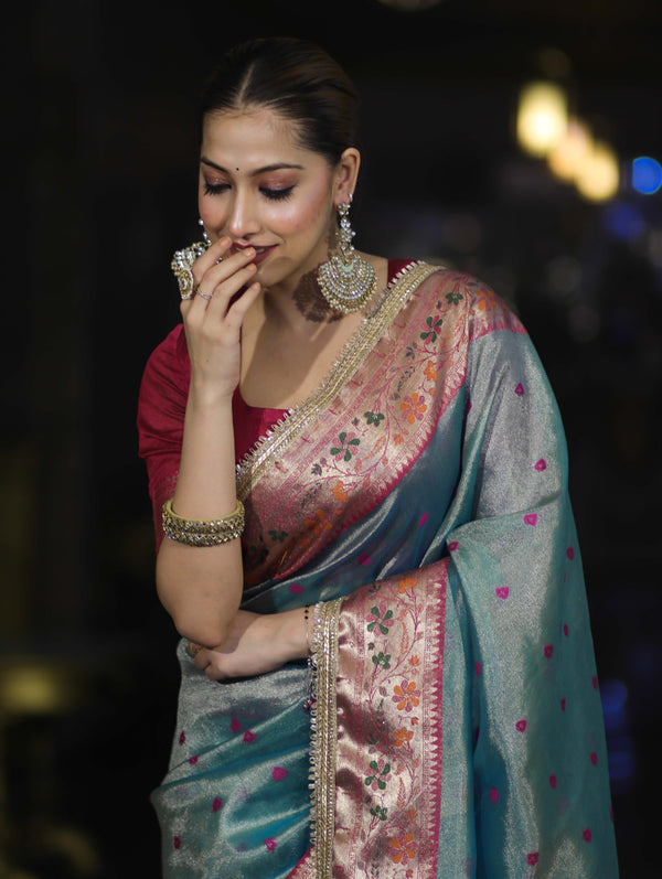 Banarasee Handloom Tissue Saree With Buti Design Contrast Border & Lace-Mint Blue