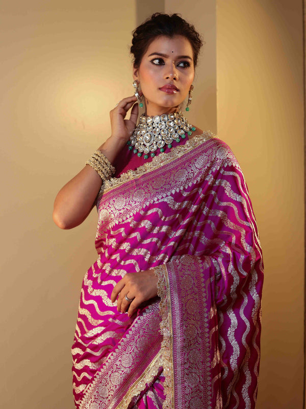 Banarasee Semi Katan Saree With Silver Zari Design Floral Border & Lace-Magenta