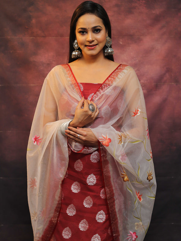 Banarasee Chanderi Salwar Kameez Fabric & Dupatta With Silver Zari-Maroon & White
