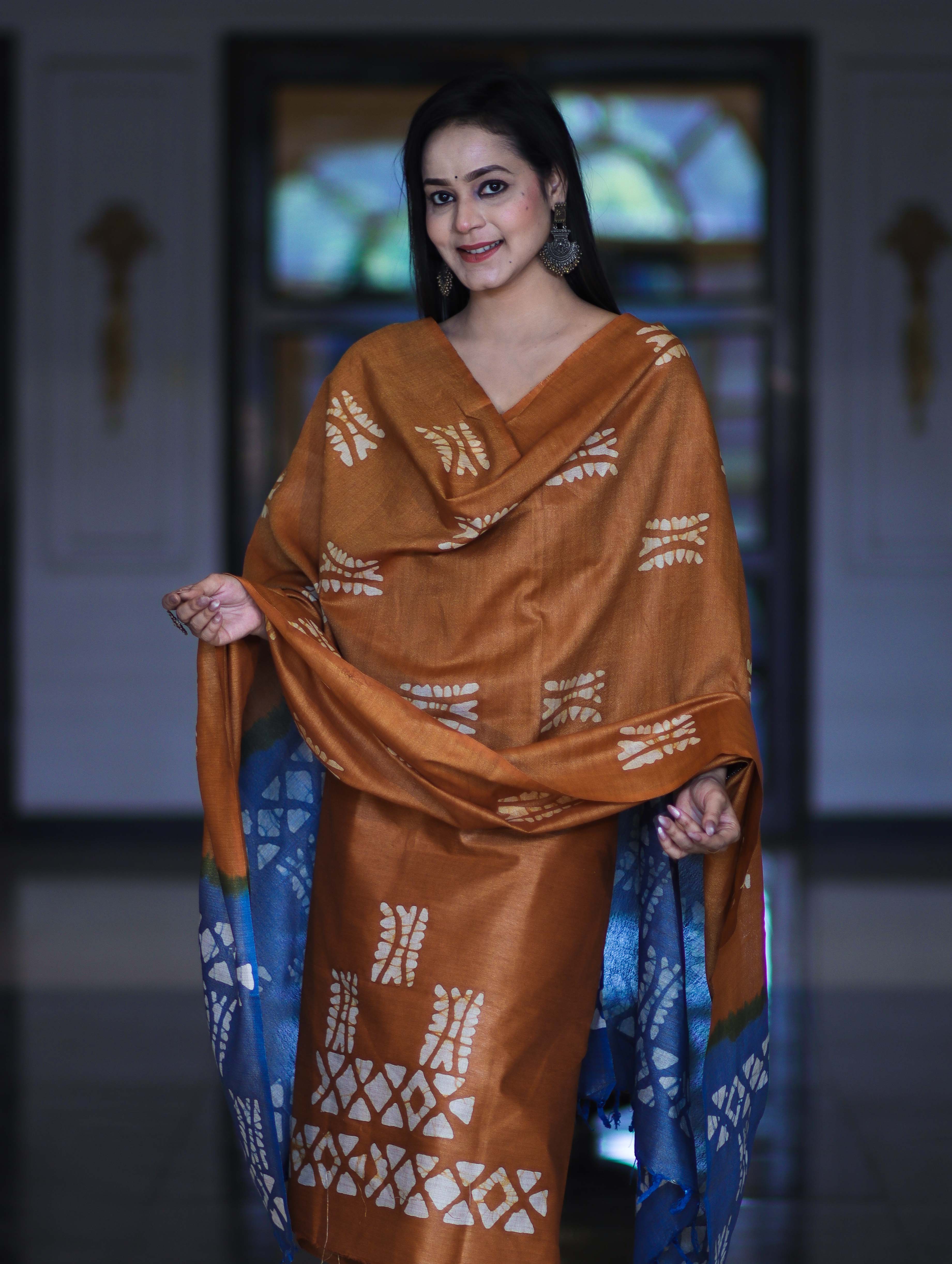 Pure Handloom Khadi Cotton Hand-Dyed Batik Pattern Salwar Kameez Dupatta Set-Dark Mustard & Blue