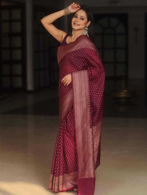 Banarasee Chiffon Saree With Antique Zari Work-Violet