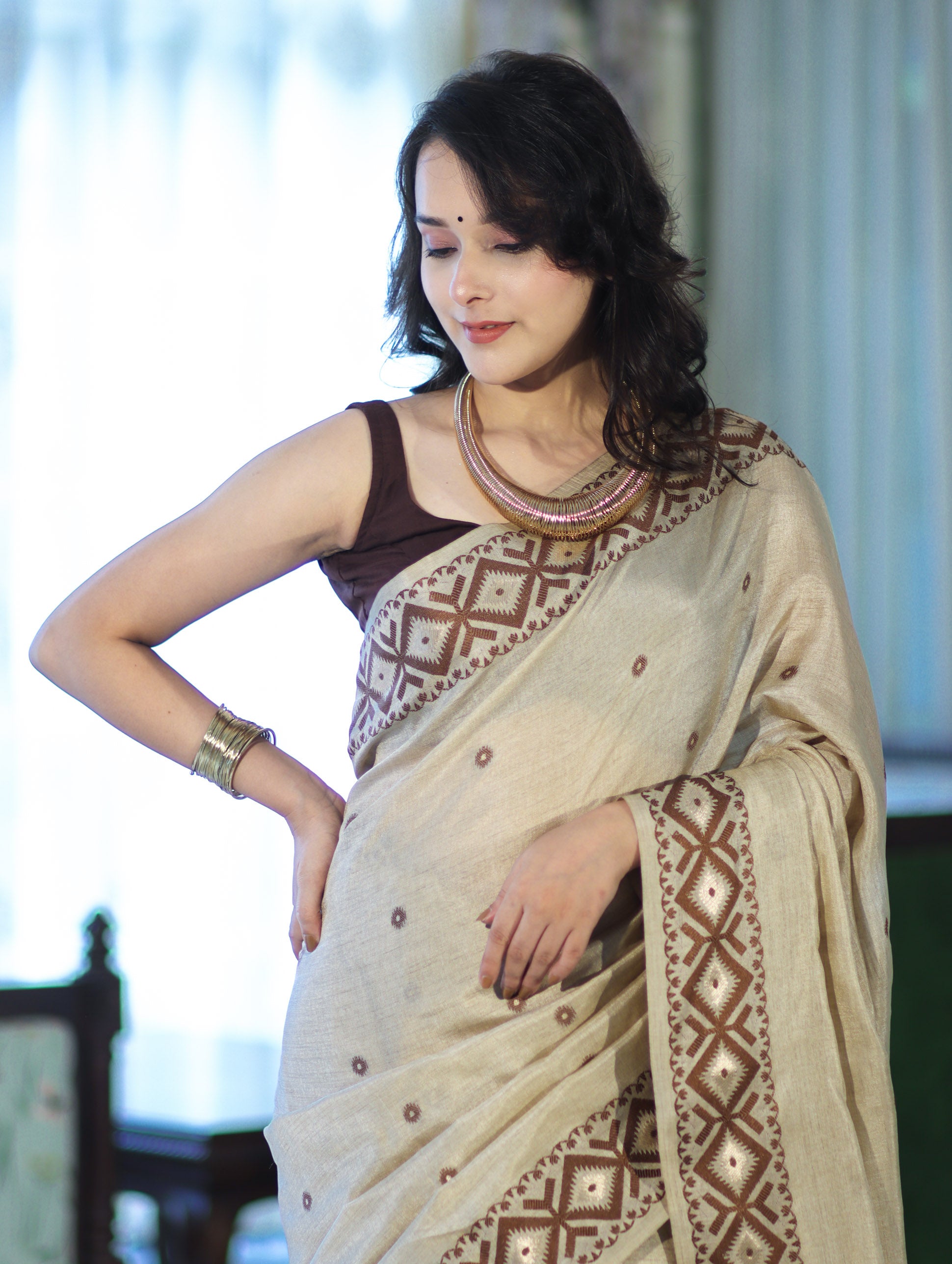 Banarasee Handwoven Semi-Tussar Saree With Resham Work & Geometric Border-Beige & Brown