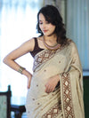 Banarasee Handwoven Semi-Tussar Saree With Resham Work & Geometric Border-Beige & Brown