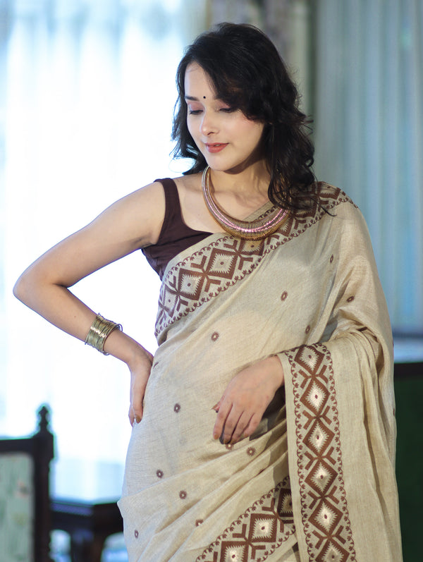 Banarasee Handwoven Semi-Tussar Saree With Resham Work & Geometric Border-Beige & Brown