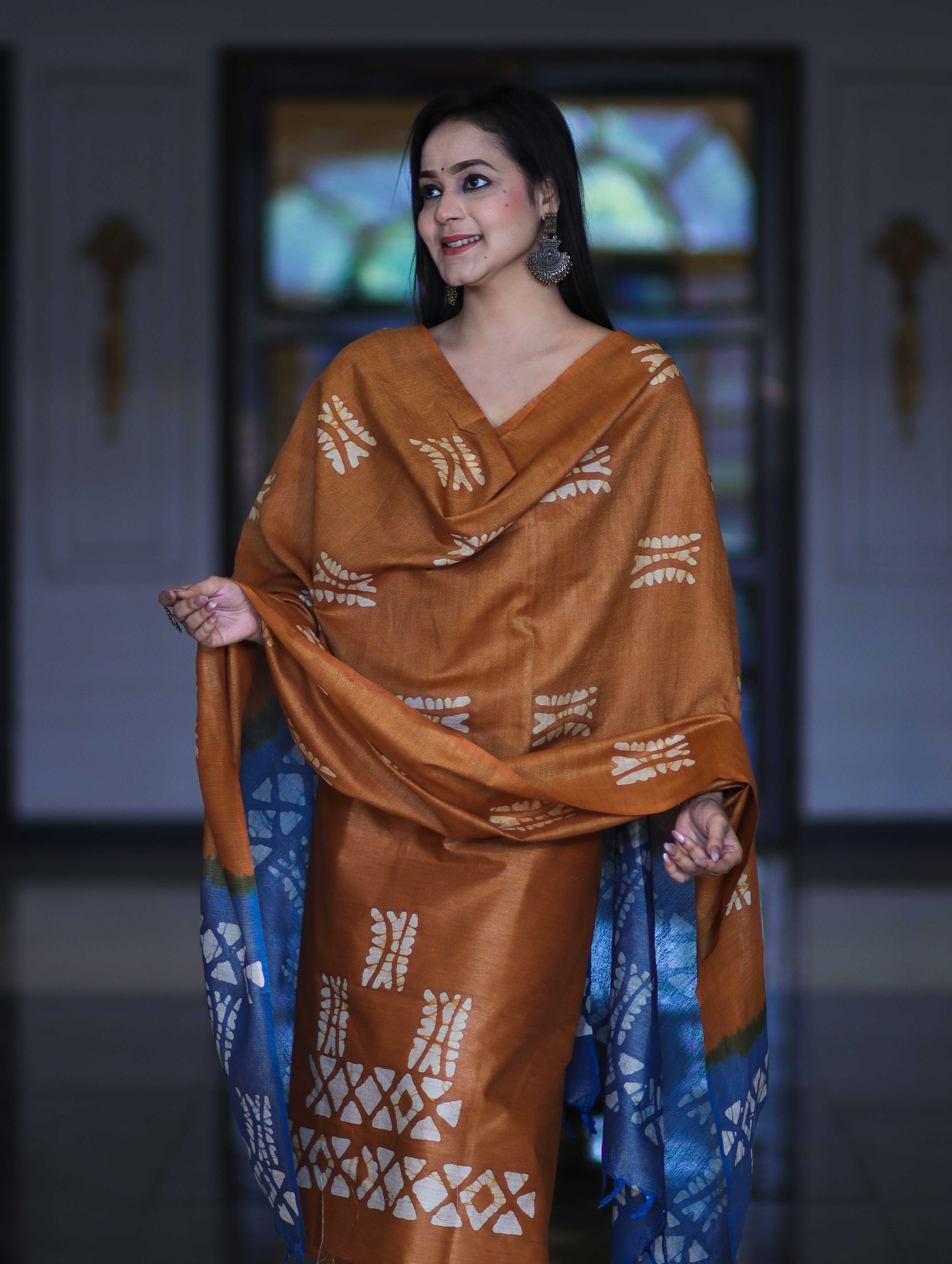 Pure Handloom Khadi Cotton Hand-Dyed Batik Pattern Salwar Kameez Dupatta Set-Dark Mustard & Blue