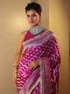 Banarasee Semi Katan Saree With Silver Zari Design Floral Border & Lace-Magenta