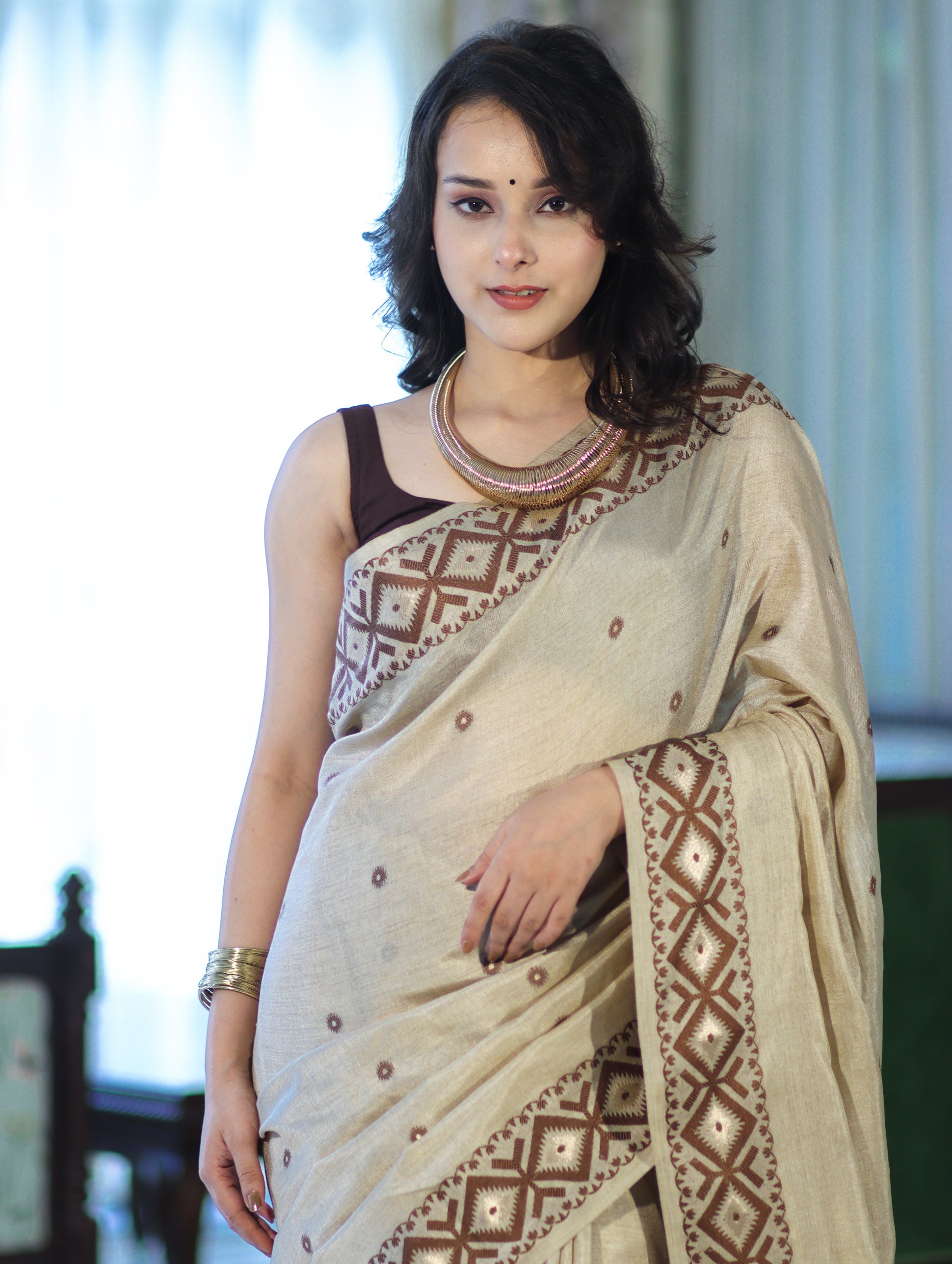 Banarasee Handwoven Semi-Tussar Saree With Resham Work & Geometric Border-Beige & Brown