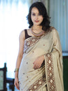 Banarasee Handwoven Semi-Tussar Saree With Resham Work & Geometric Border-Beige & Brown
