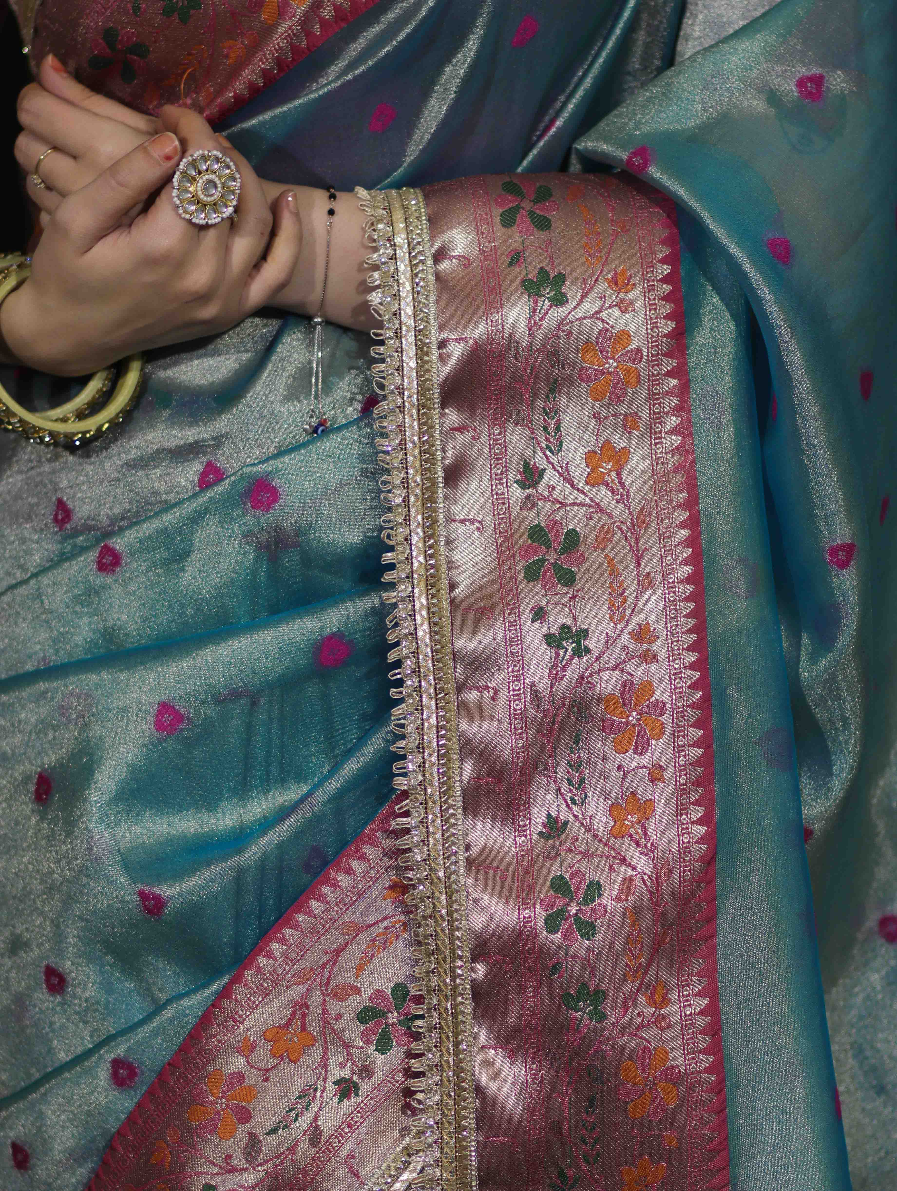 Banarasee Handloom Tissue Saree With Buti Design Contrast Border & Lace-Mint Blue