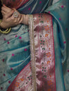 Banarasee Handloom Tissue Saree With Buti Design Contrast Border & Lace-Mint Blue
