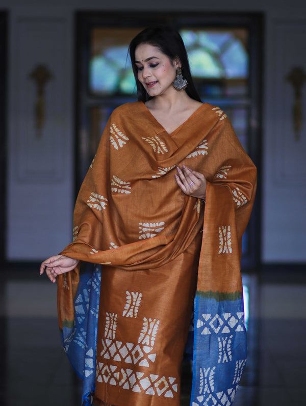 Pure Handloom Khadi Cotton Hand-Dyed Batik Pattern Salwar Kameez Dupatta Set-Dark Mustard & Blue
