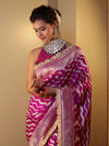 Banarasee Semi Katan Saree With Silver Zari Design Floral Border & Lace-Magenta