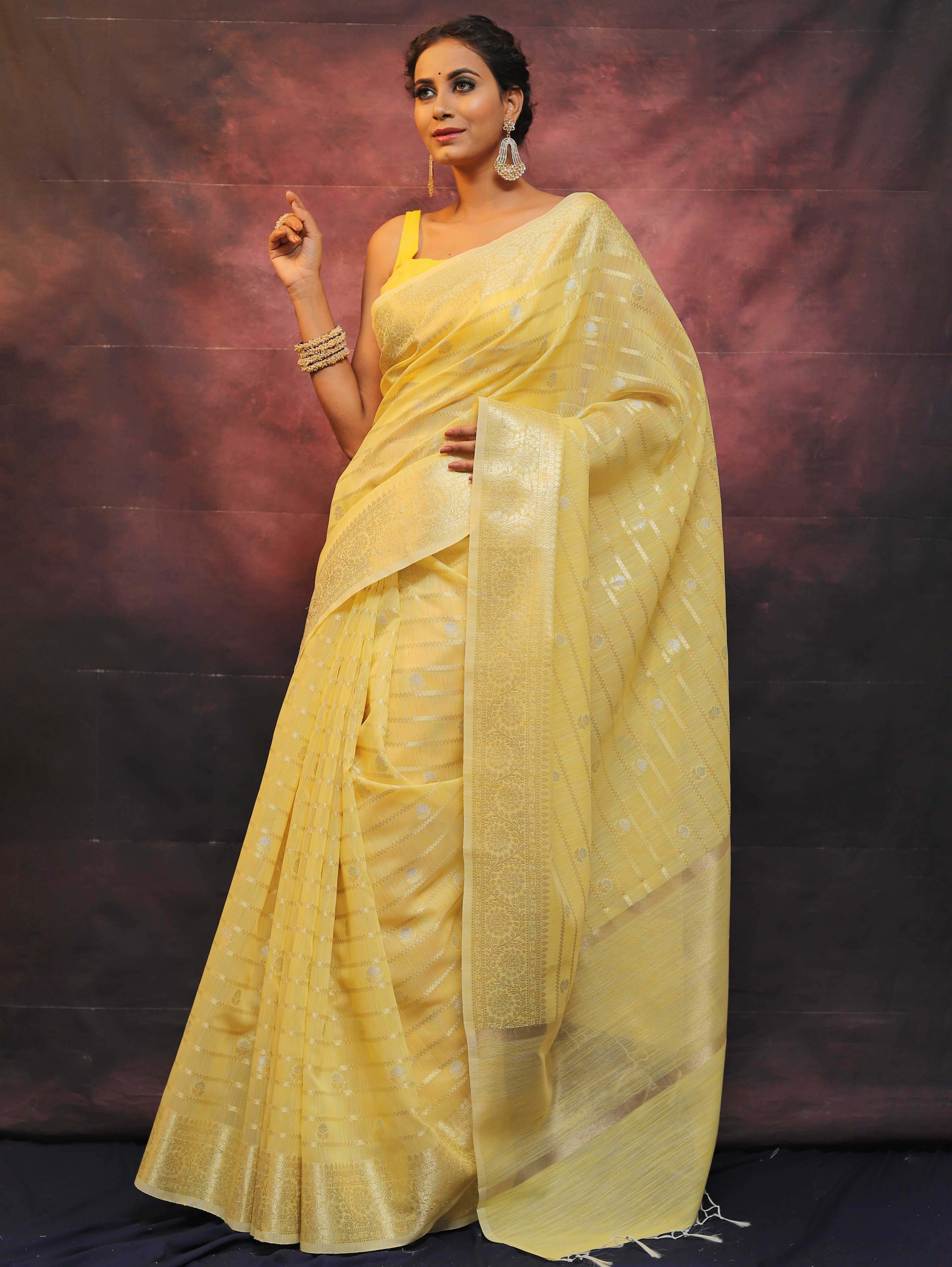 Banarasee Cotton Silk Mix Saree With Stripes Design-Yellow