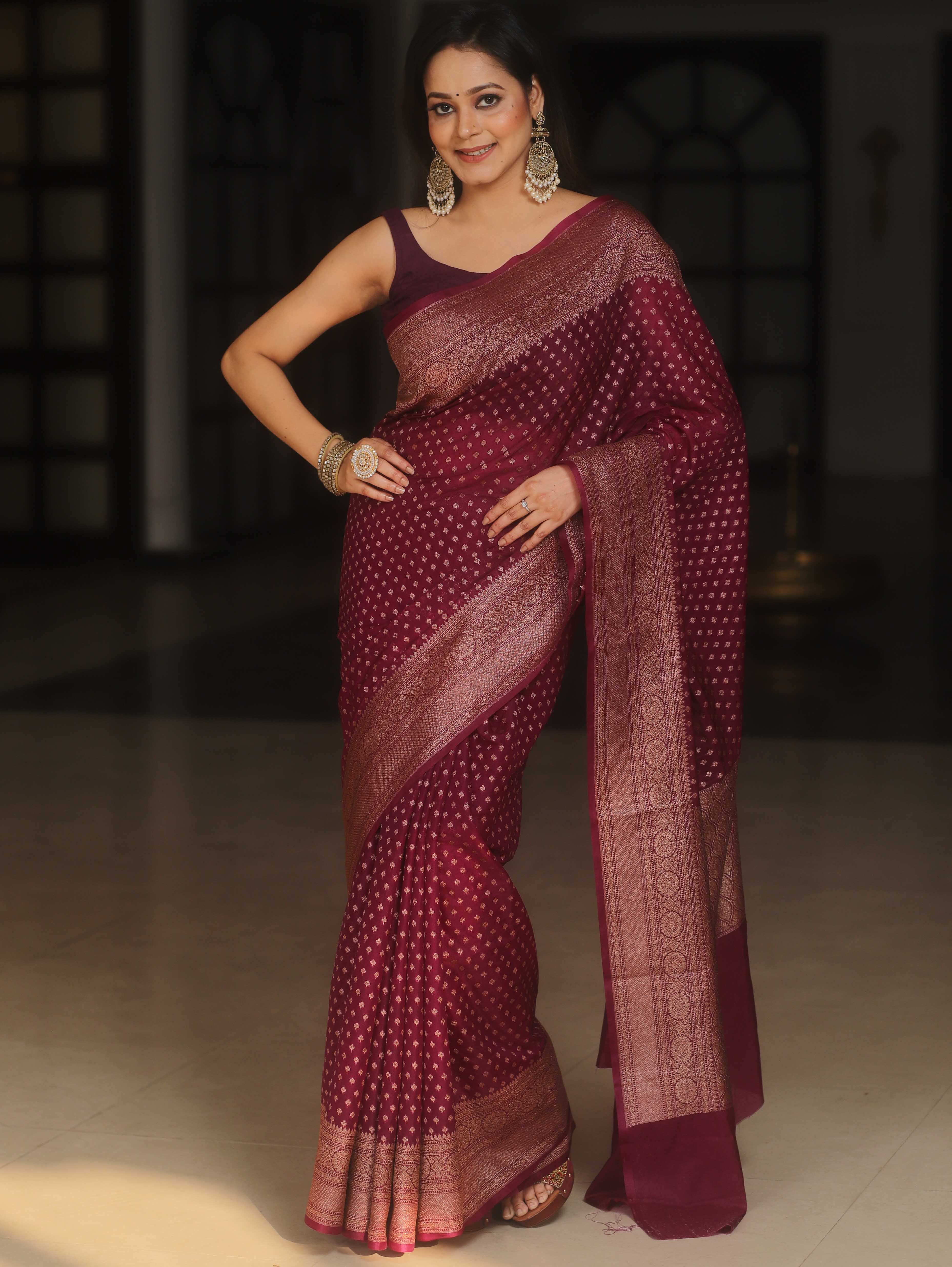 Banarasee Chiffon Saree With Antique Zari Work-Violet