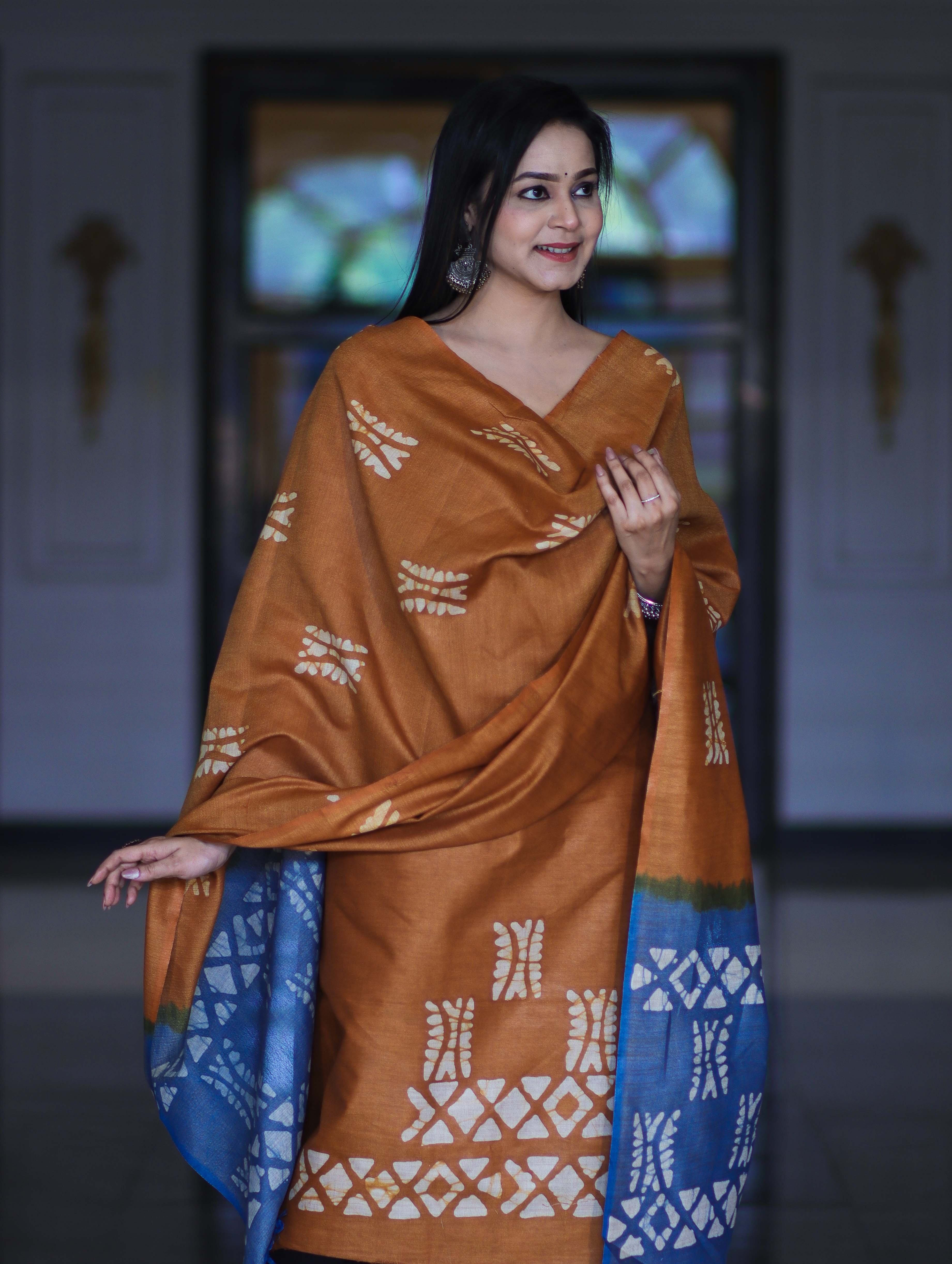 Pure Handloom Khadi Cotton Hand-Dyed Batik Pattern Salwar Kameez Dupatta Set-Dark Mustard & Blue