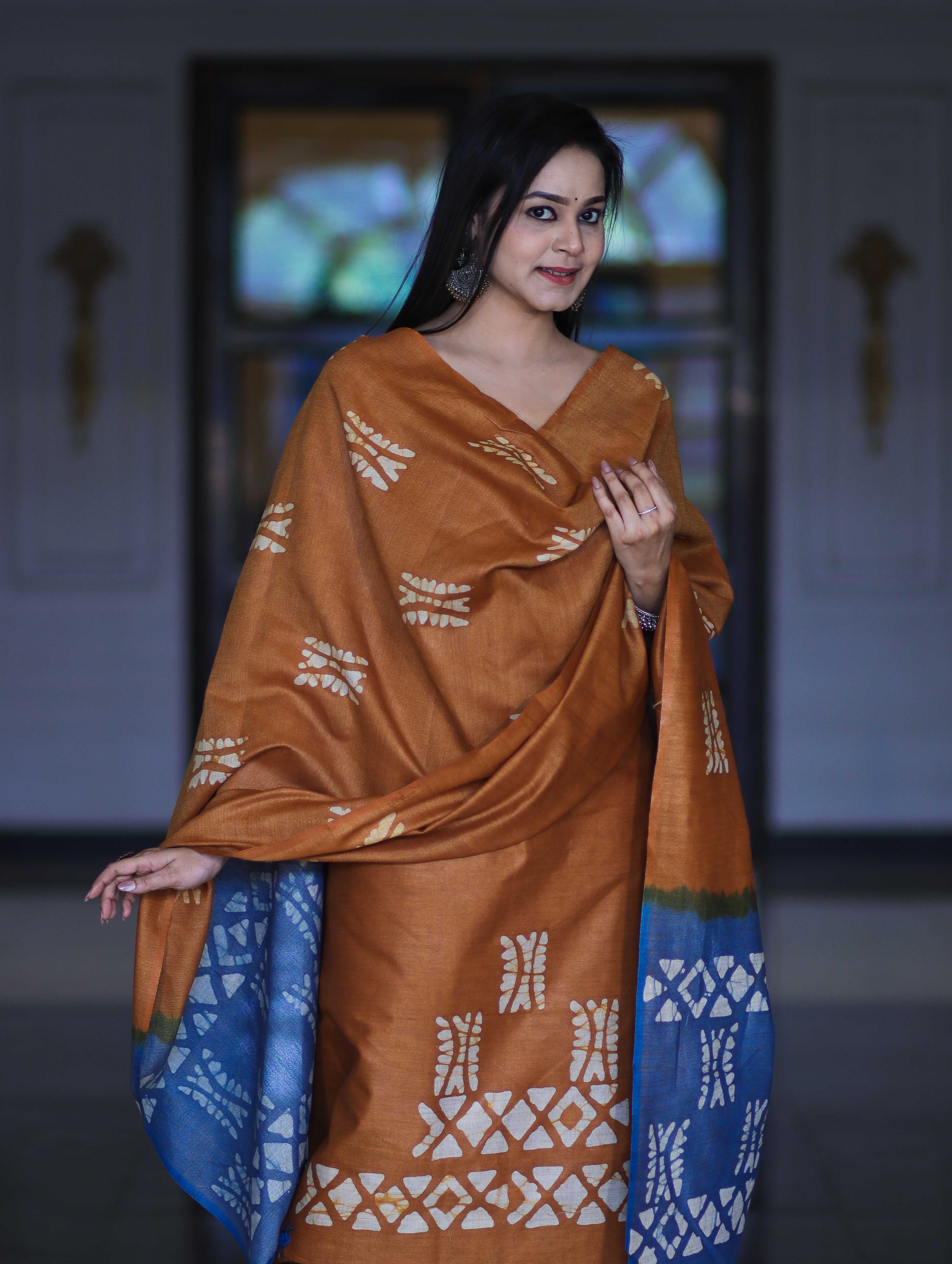 Pure Handloom Khadi Cotton Hand-Dyed Batik Pattern Salwar Kameez Dupatta Set-Dark Mustard & Blue