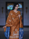 Pure Handloom Khadi Cotton Hand-Dyed Batik Pattern Salwar Kameez Dupatta Set-Dark Mustard & Blue