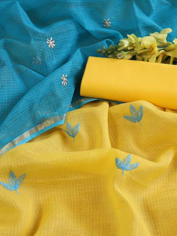 Banarasee Kota Doria Hand-Embroidered Salwar Kameez With Contrast Dupatta Set-Yellow & Blue