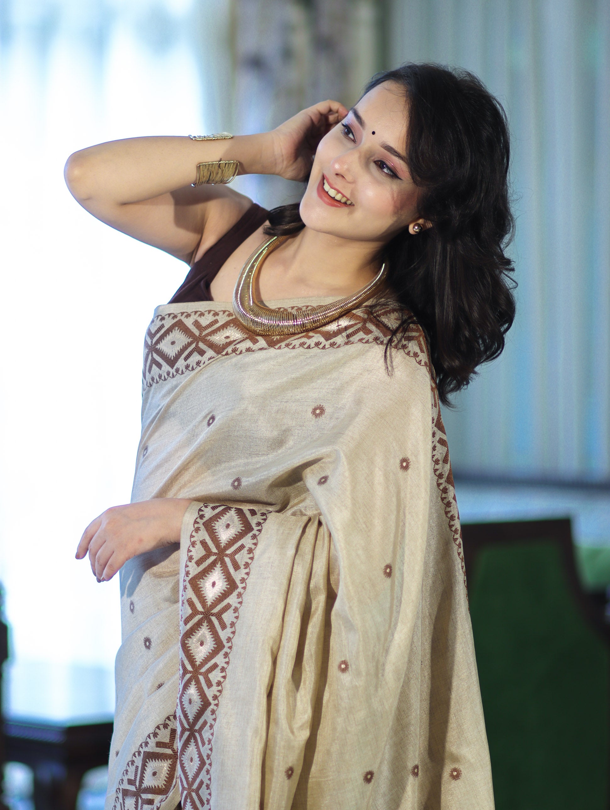 Banarasee Handwoven Semi-Tussar Saree With Resham Work & Geometric Border-Beige & Brown