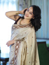Banarasee Handwoven Semi-Tussar Saree With Resham Work & Geometric Border-Beige & Brown