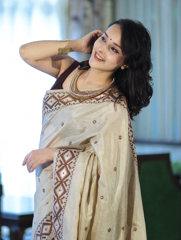 Banarasee Handwoven Semi-Tussar Saree With Resham Work & Geometric Border-Beige & Brown